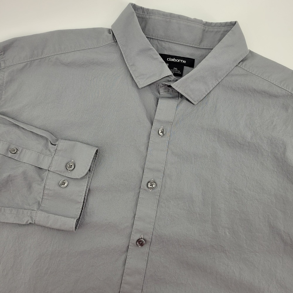 Claiborne Mens 2XL Gray Long Sleeve Button Down Cotton Shirt Office Layering